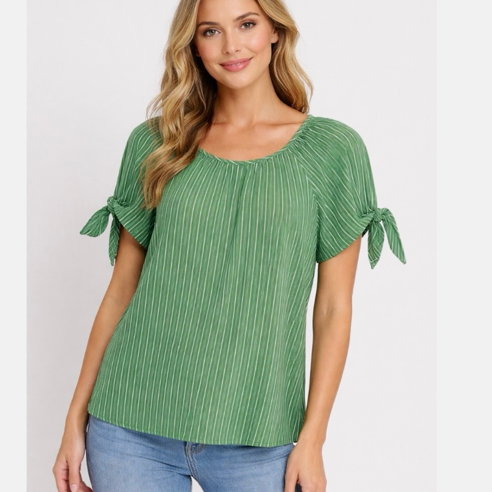 Kim & Cami Green White striped Blouse Top with Tie Sleeves Women’s Large